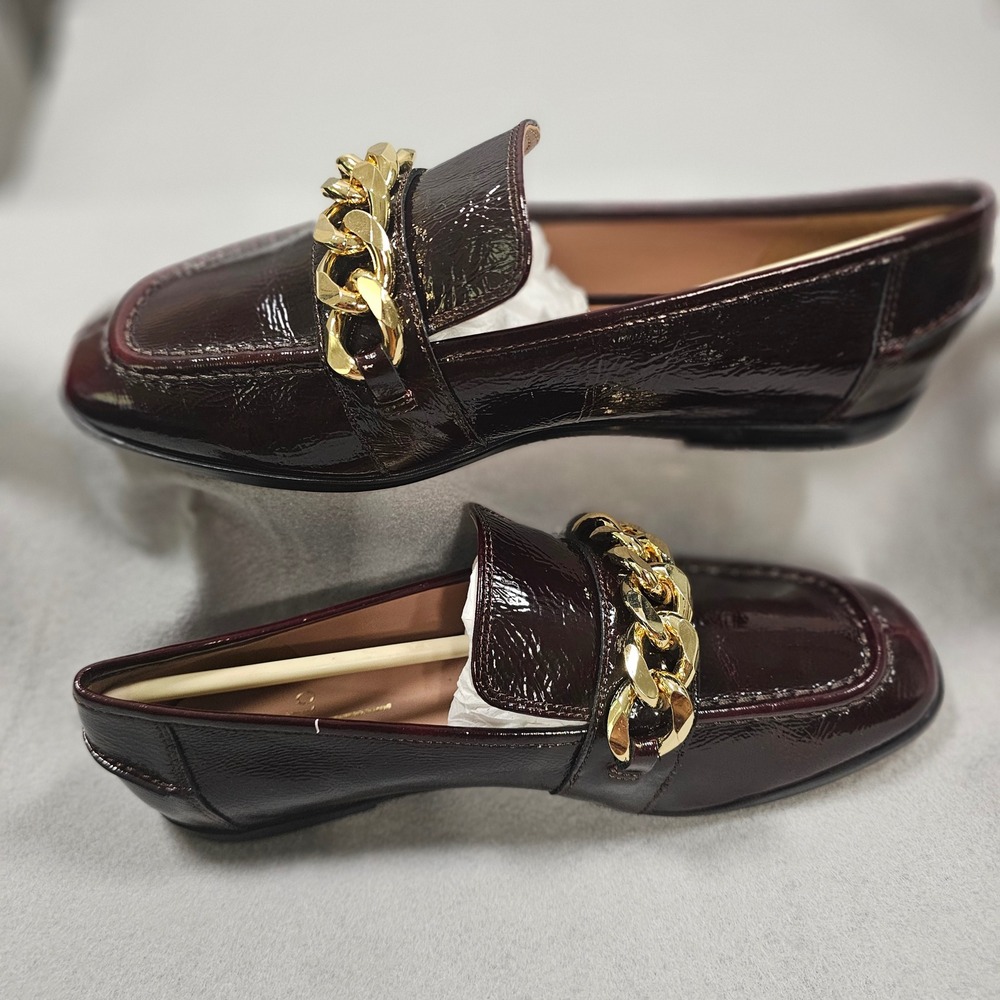 LINEA Paolo Metz-L Burgundy Patent Leather Gold Chain Loafers Womens 7.5 M